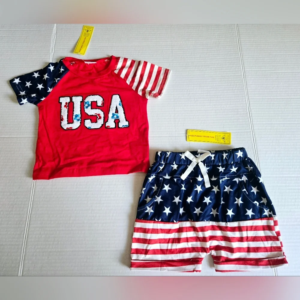 Baby Girl Patriotic USA Outfit Set Stars Stripes Red White Blue‎ 9-12 Months NWT